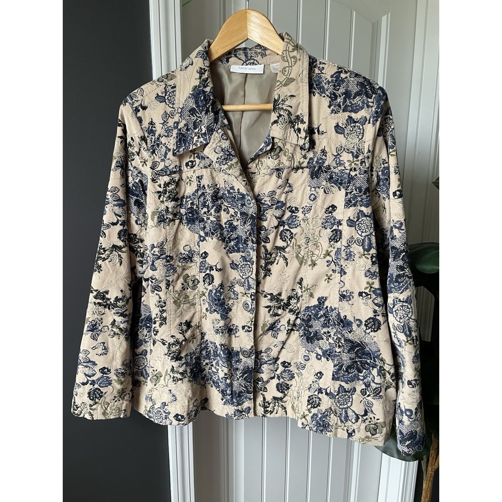 Tantrums Vtg Corduroy Jacket Embroidered Beige/Blue Floral XXL Blazer Boho